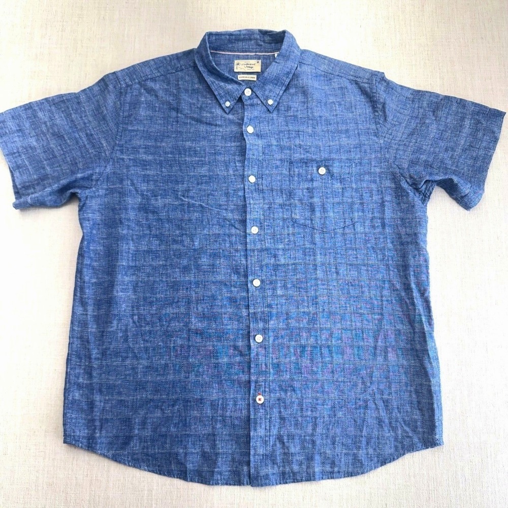 Weatherproof Vintage Mens XL Blue Washable Linen Short Sleeve Button Down Shirt